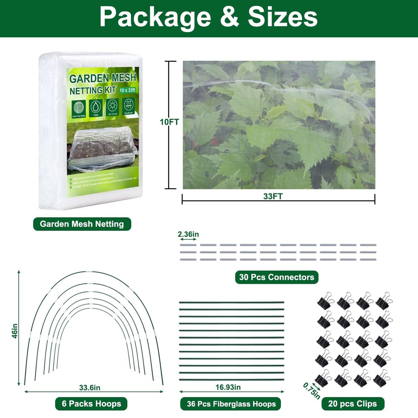 KLEWEE Garden Netting Kit for Raised Beds, 10 x 33 ft Ultra Fine Mesh Netting and 6 Sets Fiberglass Garden Hoops, Garden Bed Row Covers for Plants Vegetables from Animals Barrier Insects Bugs