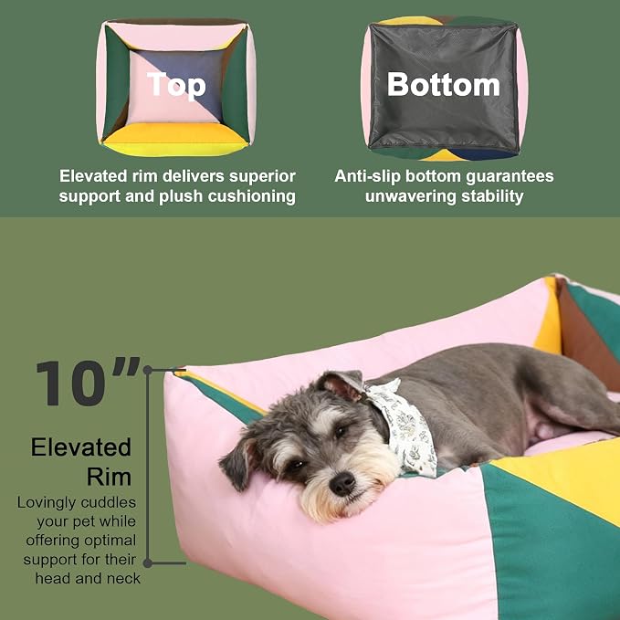 Cotton Canvas Dog Bed, Pink Dog Bed Medium Size Dog, 30"x25"x10" Puppy Bed with Washable Removable Cover, Durable 290 GSM Cotton Anti-Chewing Pet Bed with Anti-Slip Bottom, Pink&Yellow&Green