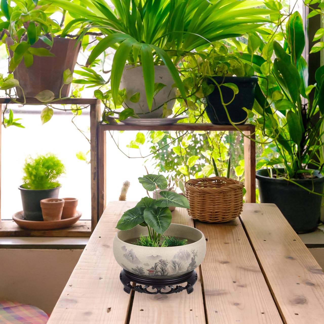 Angoily Pottery Lotus Bowl Planter Bonsai Tree Pot Ceramic Flower Pot No Drainage Hole Hydroponic Water Lily Bowl with Base 6.7 Inch Round Narcissus Container for Indoor Zen Home Decor