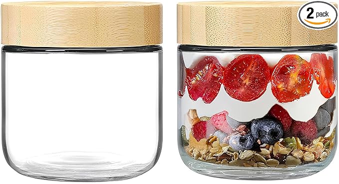 2 Pack 8 Oz Small Clear Glass Mason Jars, Wide Mouth Overnight Oats Jars, Containers with Airtight Lids for Chia Pudding Jam Snack Yogurt Overnight Oats Candy
