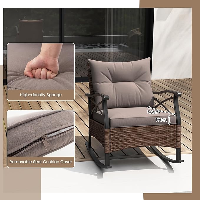 Tangkula 3 Pieces Outdoor Rocking Chairs Set, Rattan Heavy Duty Cushioned