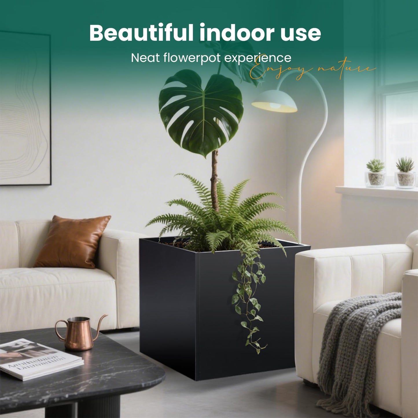 Galvanized Steel Planter Box 26Inch Black Metal Planter Large Square Indoor Outdoor Planters Cube Steel Heavy Duty Planter Powder Coating Modern Commercial Residential for Plants, Patio, Yard, Garden
