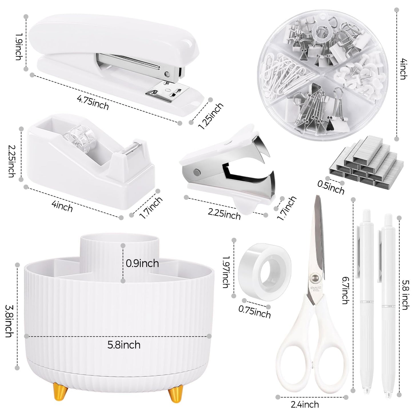SKYDUE White Office Supplies Set, Office Desk Accessories 10PCS, Pencil Holder for Desk, Stapler, Tape Dispenser, Scissors, Ruler, Binder/Paper Clips and 1000pcs Staples,Desk Supplies Set