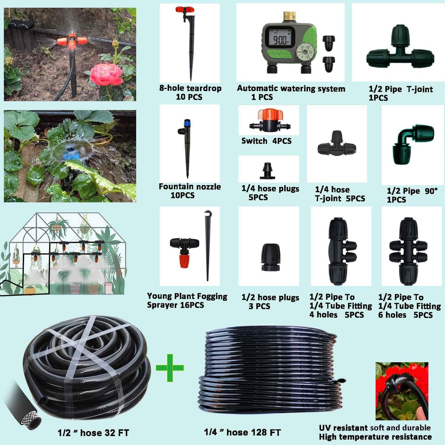 Drip Irrigation System for Garden with Water Timer, Main ID 1/2inch 32Ft and 1/4inch 131Ft Water Hose, 2-Zone Watering System Sufficient Water Pressure, Irrigation Dripper Waterflow Evenly Easy DIY
