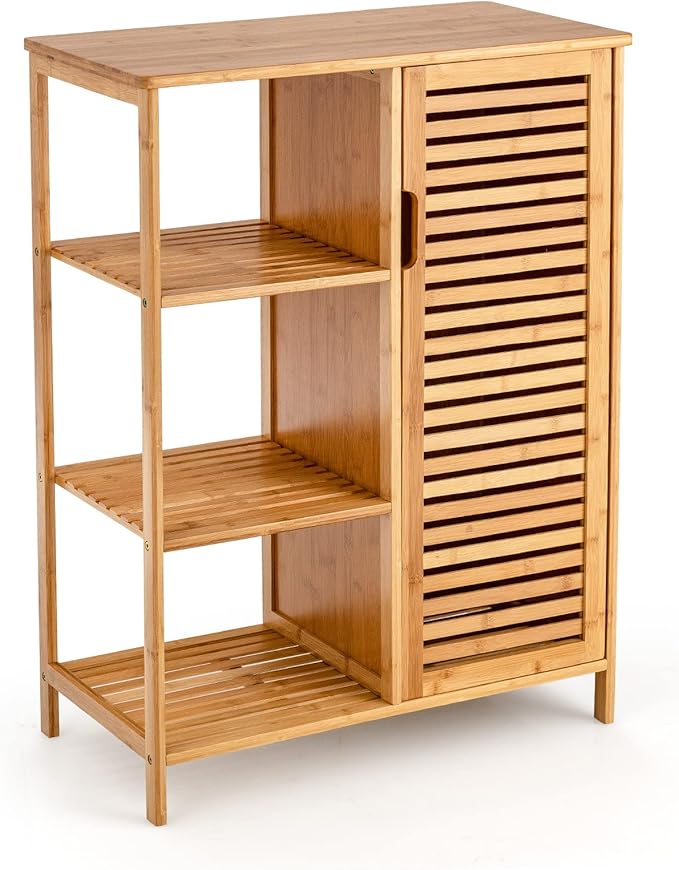Tangkula Bamboo Bathroom Floor Cabinet, Storage Cabinet