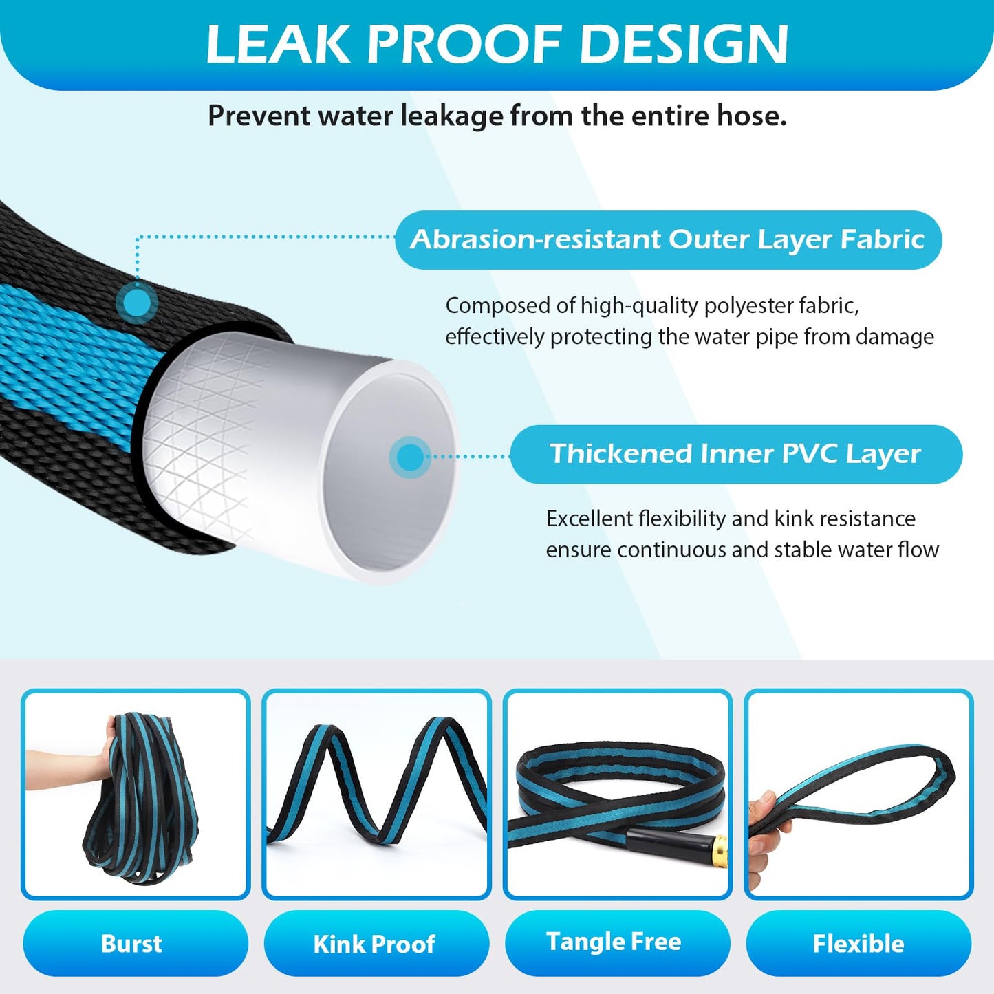 WHOBUY 100FT Non-Expandable Garden Hose, Flexible Water Hose with Spray Nozzle, Kink-Resistant, Leakproof 3/4" Brass Connectors, Lightweight & Portable Water Pipe for Yard, Lawn Outdoor