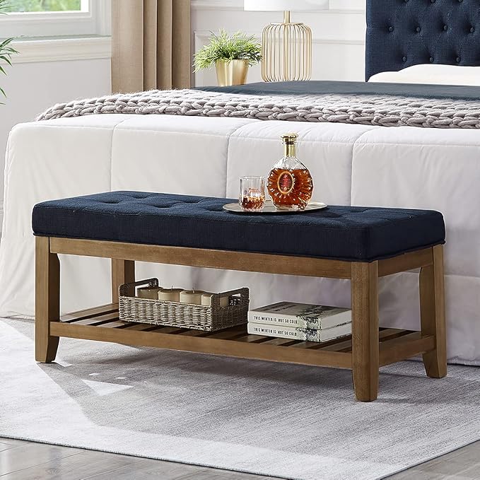 24KF Large Rectangular Upholstered Tufted Linen Fabric Ottoman Bench, Padded