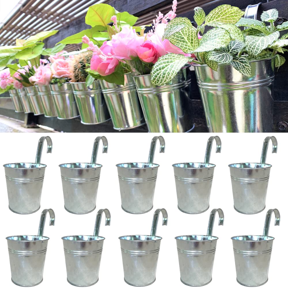 LaLaGreen Fence Planters for Outdoor Plants (10 Pack, 4 Inch) Balcony Planter Railing Hanging, Small Silver Metal Flower Pot Rail Wall Cute Farmhouse Garden Rustic Deck Porch Window Box Bucket Decor