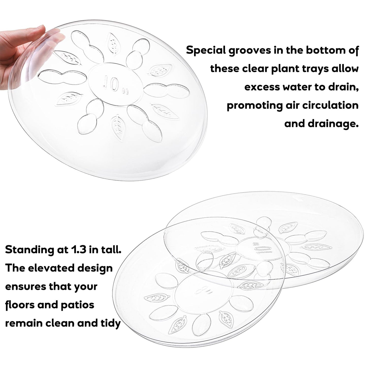 YOUEON 24 Pack Clear Plant Saucers with Feet, 6/8/10/12 Inch Heavy Duty Plastic Plant Drip Trays, Flower Pot Trays, Plant Water Catcher Tray for Indoor & Outdoor Plants, Round, 4 Sizes