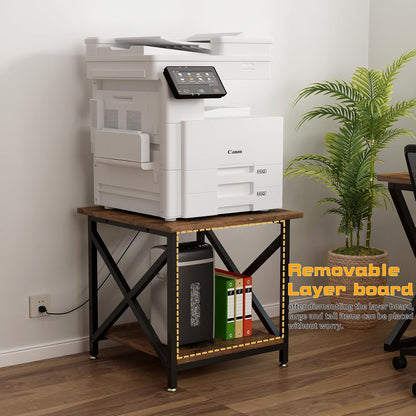 Large Printer Stand with Power Outlet, with Storage Shelf, 2 Tier Rolling Printer Cart with Industrial Wheels, 23.6 x 23.6 Inches Printer Table for Home Office,Rustic Brown