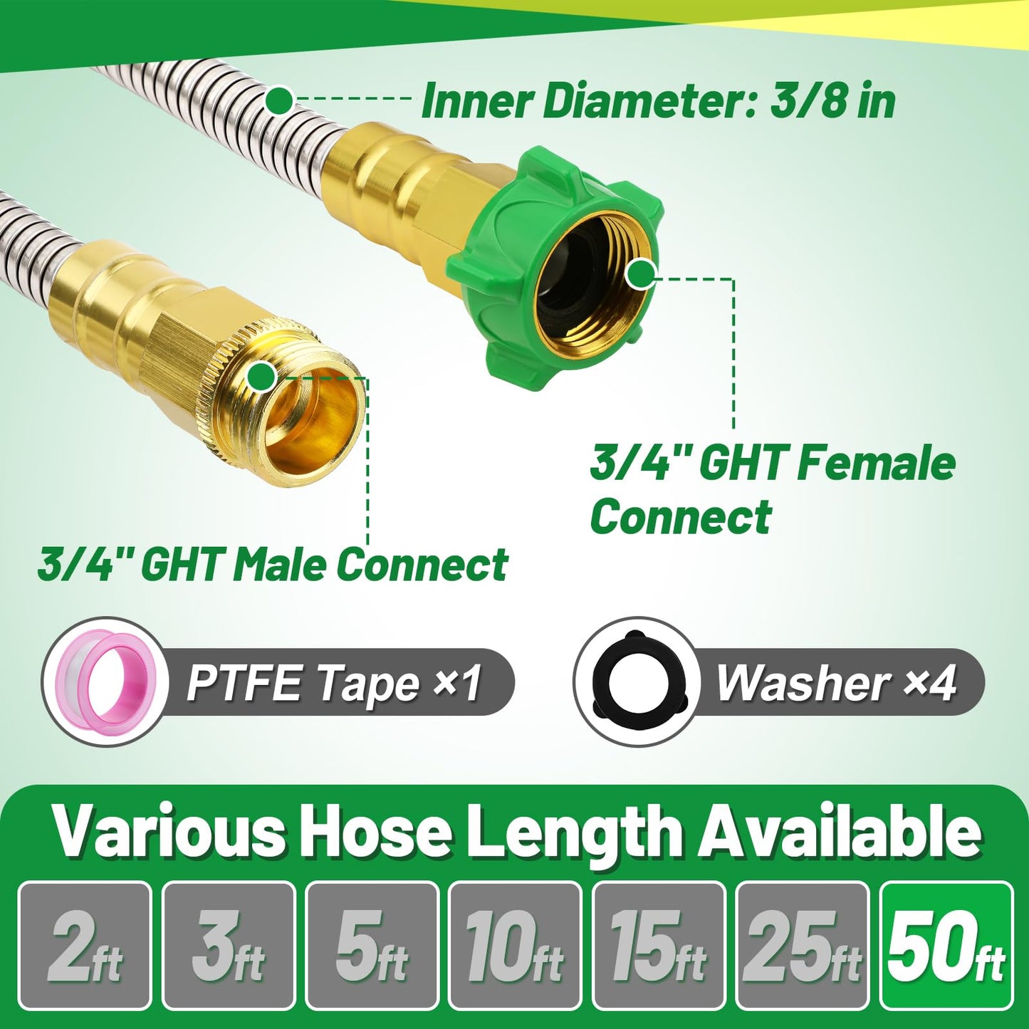 Garden Hose with Male to Female Connector - 50 ft Metal Leakproof Water Pipe, Kink-free 304 Stainless Steel Hose for Outdoor Garden Watering Car Pet Cleaning
