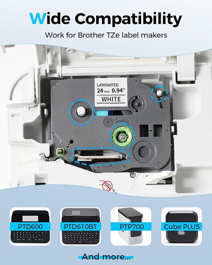 Tz Tape 24mm 0.94 Laminated White TZe-251 TZe251 Compatible with Brother Label Maker Tape 24 mm 1 Inch P Touch Refills for PT-D610 D610BT P700 P710BT Cube Plus Label Machine, 26.2 Feet (8m), 5-Pack