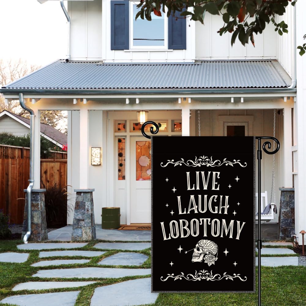 JMYROG Live Laugh Lobotomy Garden Flag, Double Sided Yard Outdoor Farmhouse Lawn Porch Decor Flag, Funny Humor Goth Decor, Retro Halloween Spooky Banner, Funny Skeleton Gifts For Friend Family
