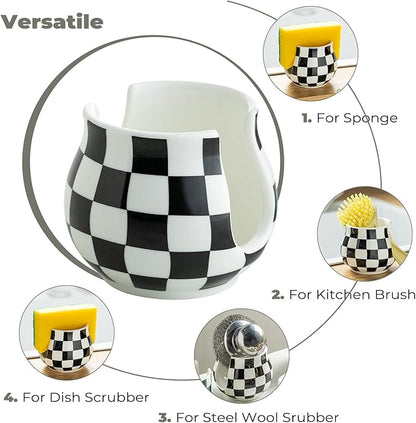 Checkered Sponge Holder for Kitchen Sink, Ceramic Dish Sponge Dish Rack Scrubby