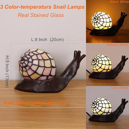 Tiffany Style Pink Snail Accent Table Lamp Handmade Stained Glass Shade Night Light for Kids with 3 Color Temperatures LED Bulb - Ideal Gift for Home Decor(8" D x 5." W x 5." H)