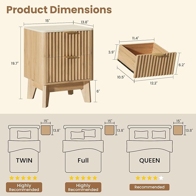 Fluted Nightstand Set of 2, Modern End Table