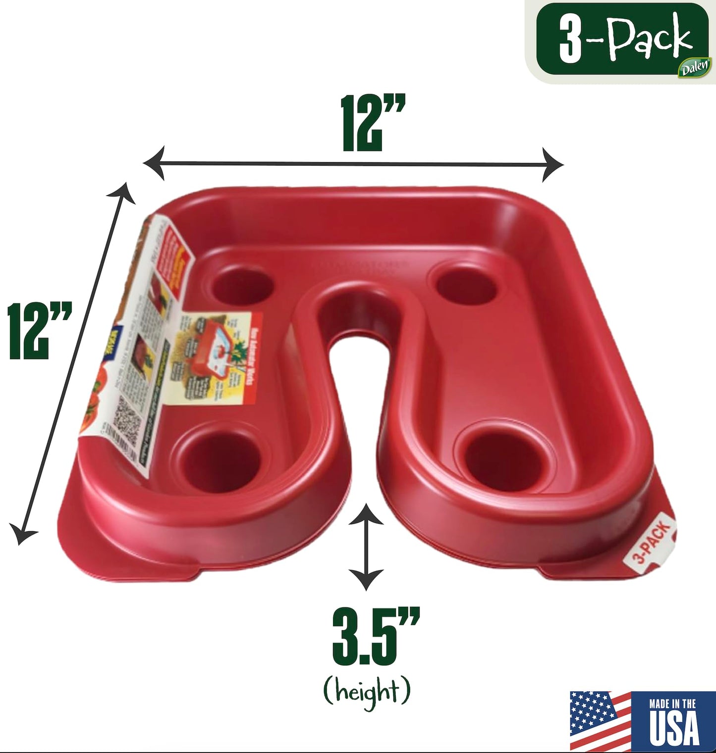Dalen Automator Tomato Growth Trays with Reflective Surface and 0.5 Gallon Water Reservoir, 3-Pack, 12 x 12 inches - Root Watering Basin with Fertilizer Spikes - Red
