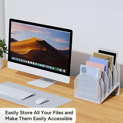 OUTIOE 5-Section Desk File Organizer, Metal Mesh Folder Organizer for Documents, Mail & Office Papers (White)