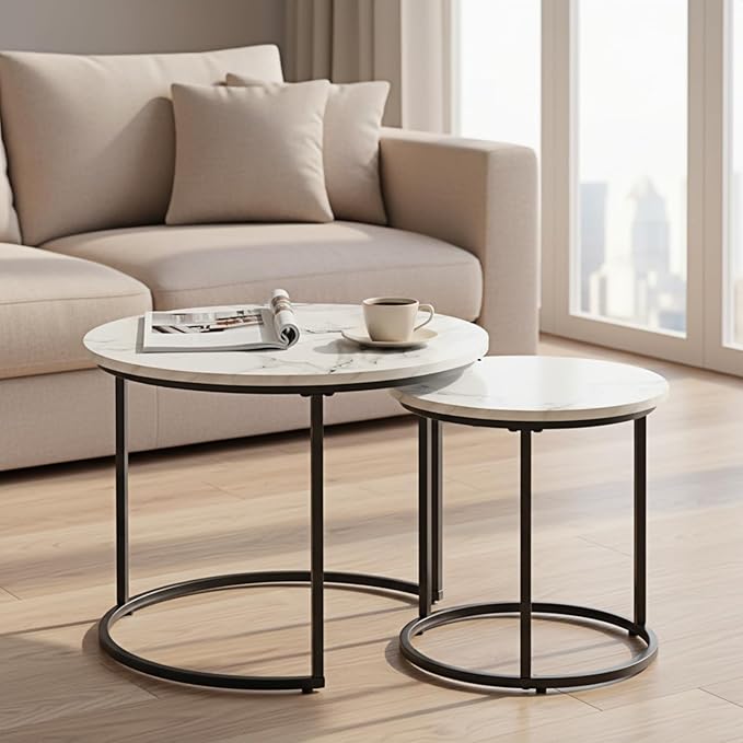Round Nesting Coffee Table Set of 2, Modern Marble Pattern Wooden Nesting Tables