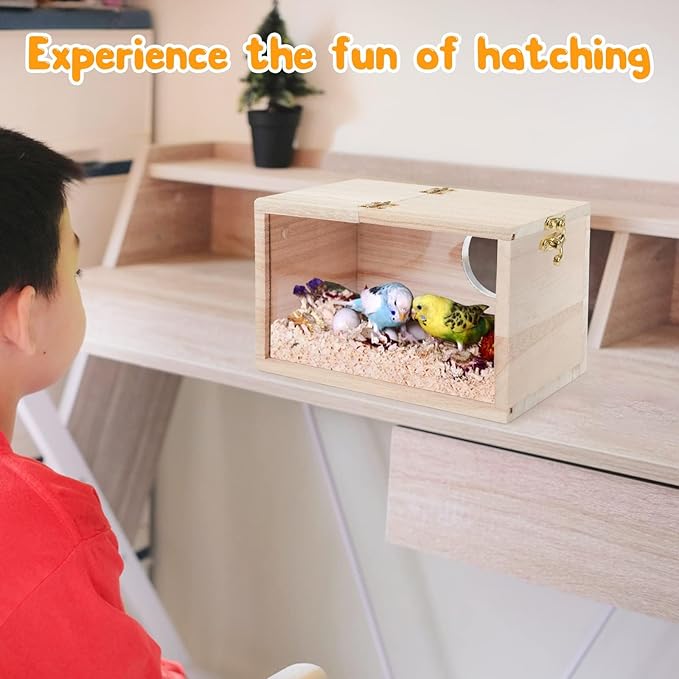 Rypet Parakeet Nesting Box Transparent Design, Thwartwise Bird Nest Breeding Box with Perch Wood Bird Cage House for Cockatiel Lovebirds Budgie Finch Parrotlets Canary XL