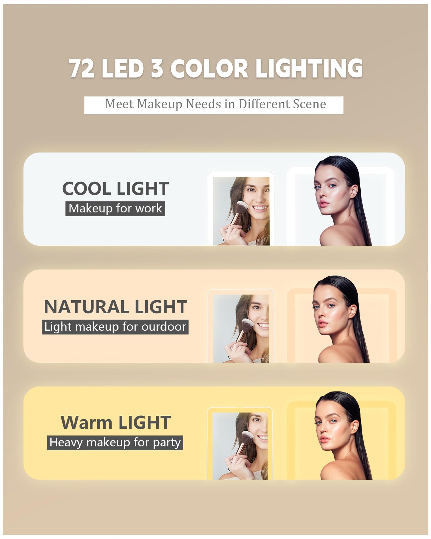 Travel Mirror with Lights Makeup Mirror Touch Screen 3 Colors Light 72 LEDs Rechargeable, 1000mHA 7.9x5.3-Inch Desk Compact Mirror White