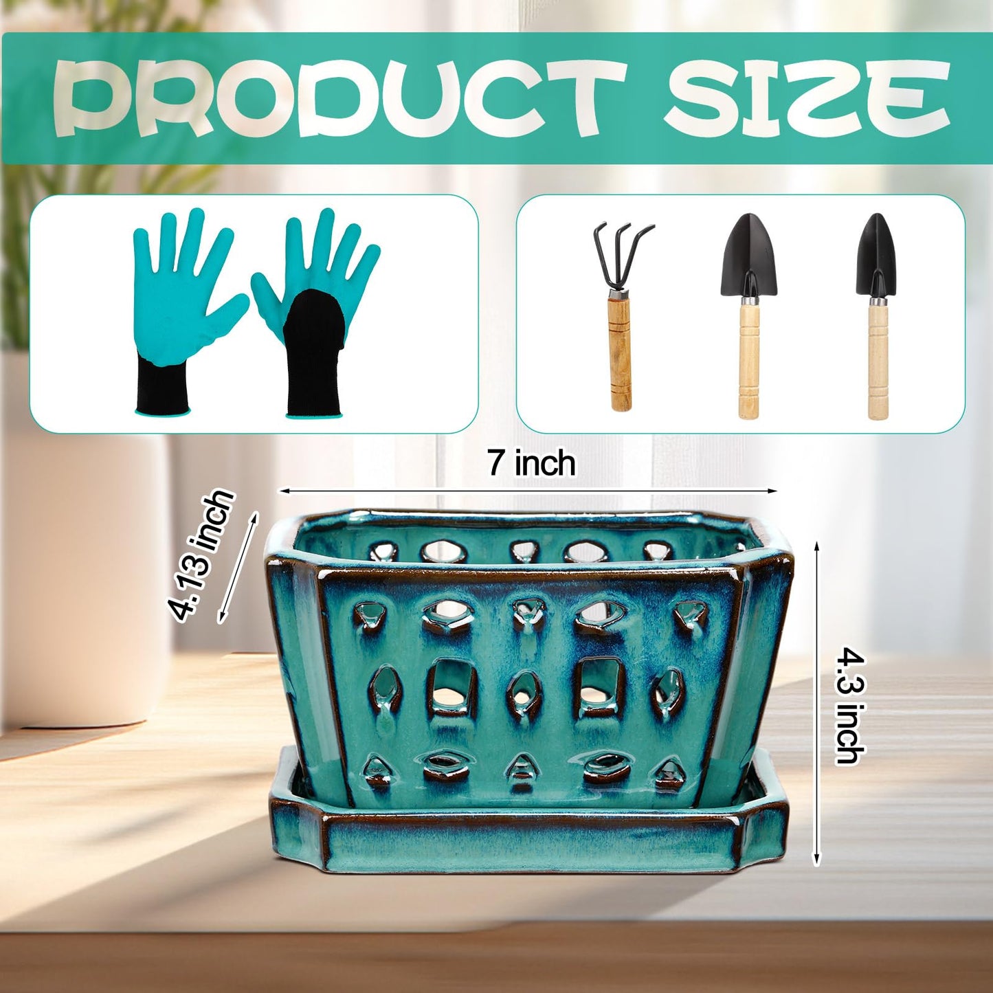 Teenyyou 1 Set Orchid Pot with Holes 7 Inch Ceramic Orchid Pot with Saucers for Repotting Amaryllis Flower Planter Include Gardening Shovel Set and Gloves for Home Decor(Green)