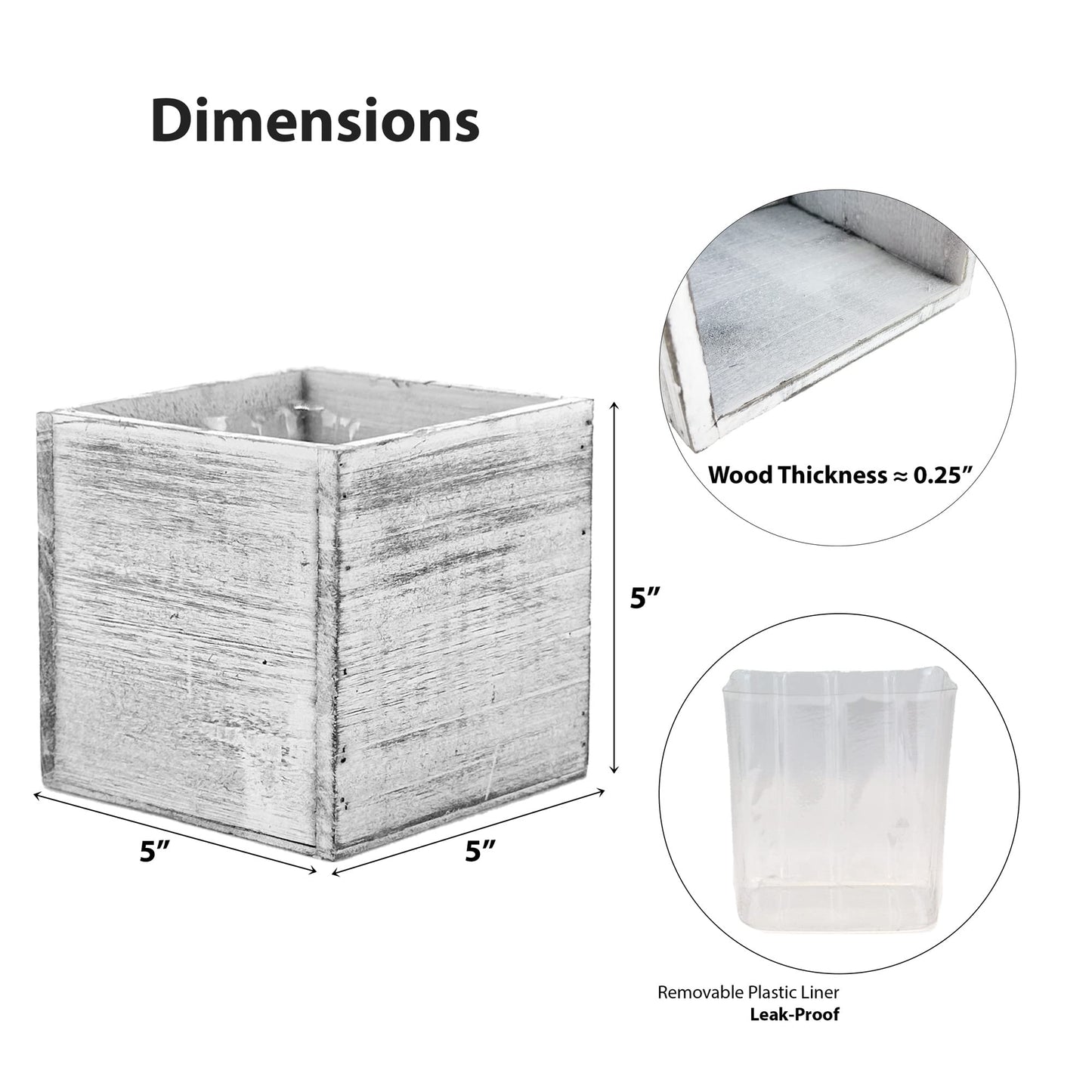 CYS EXCEL 2 PCS 5" White Cube Planter Box with Removable Plastic Liner | Multiple Choices Natural Wood Square Planter | Indoor Decorative Window Box