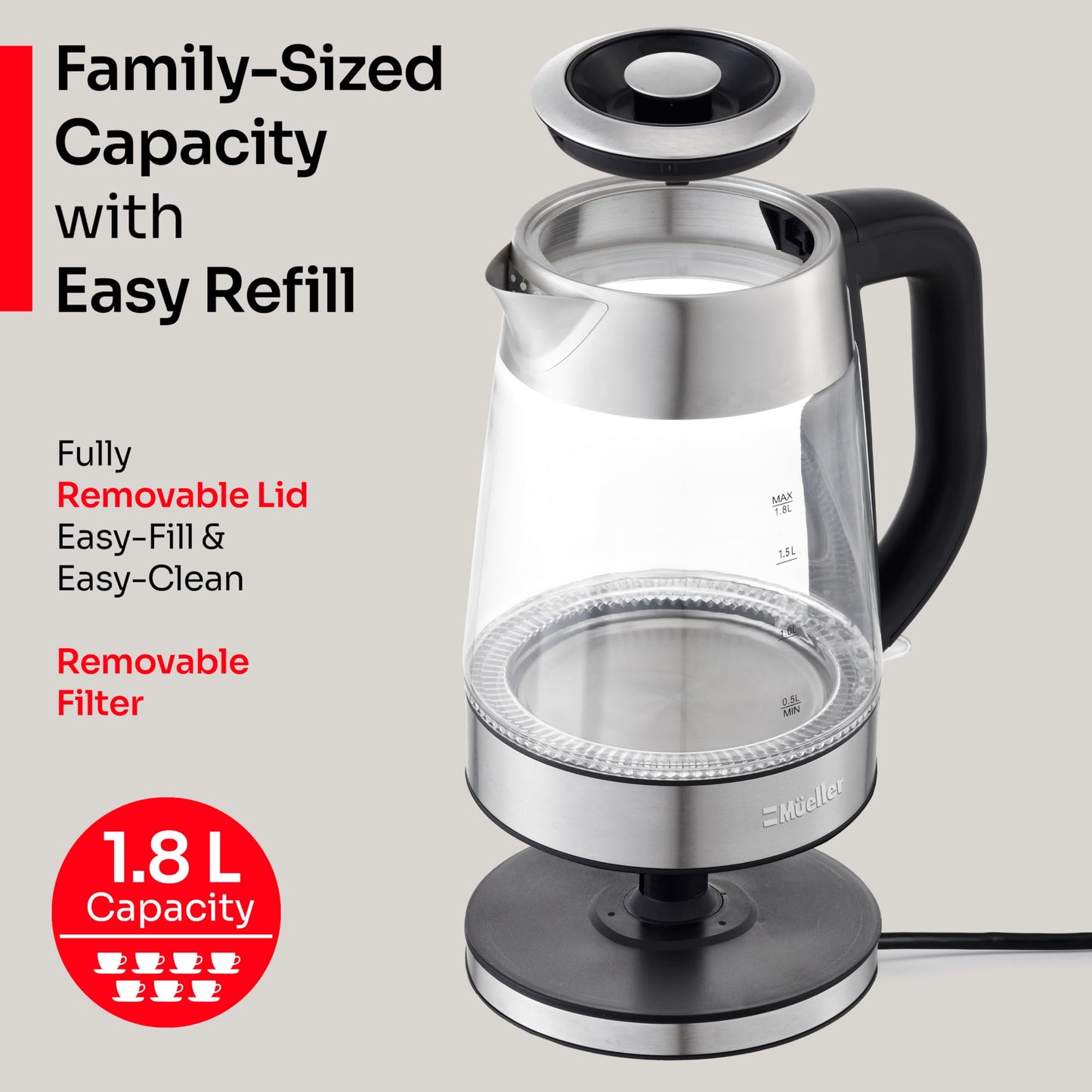 Mueller RapidBoil Electric Kettle 1.8L – Borosilicate Glass & Stainless Steel – BPA-Free Tea Kettle, LED Light, Auto Shut-Off, Boil Dry Protection Water Heater – Fast Heating, Kitchen Appliances