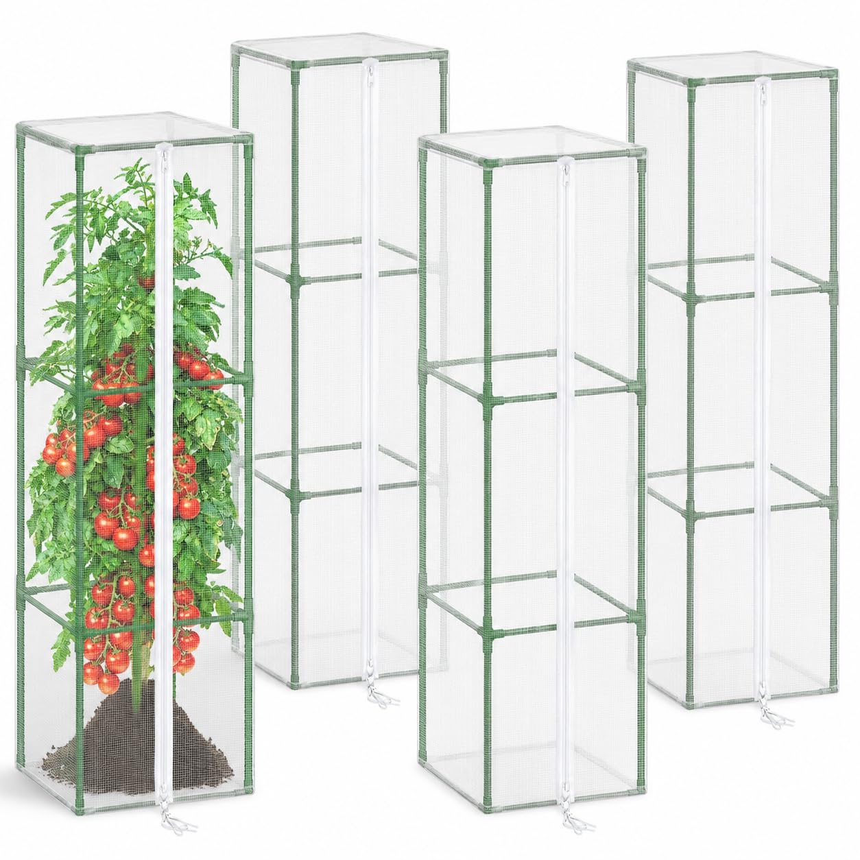 Halatool Garden Tomato Plant Cover Netting, Fits 40–50" Tall Square Tomato Cages, Garden Bird Netting with Zipper & Drawstring, Insect Barrier, Plant Covers from Insects Animals, 4 Pack, 43"×15.7"