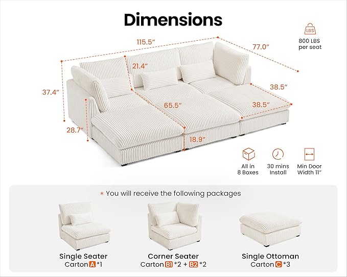 115" Oversized Corduroy Couch Modular Sectional Sofa, Washable Cloud Couch