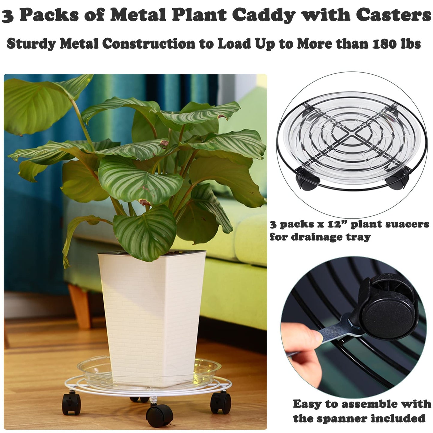 Planterhoma 3 Packs Large Metal Plant Caddy 13.8 Inches Plant Dolly with Wheels Heavy Duty Iron Rolling Plant Stand with Casters for Indoor and Outdoor Plant Pot Rollers White, 3-pack Plant Saucers