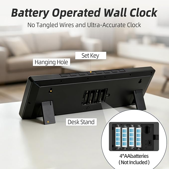 16" Digital Wall Clock, Battery-Operated with Large LCD Display, Jumbo Number Modern Decorative Clock with Alarm, Date, Calendar, Temperature for Elderly, Senior Bedroom, Living Room, Kitchen