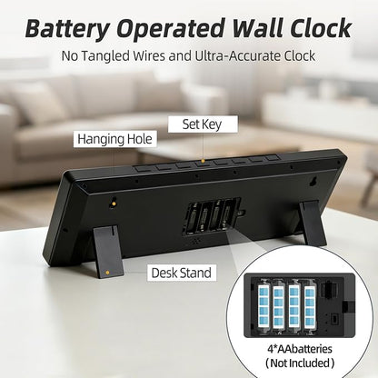 16" Digital Wall Clock, Battery-Operated with Large LCD Display, Jumbo Number Modern Decorative Clock with Alarm, Date, Calendar, Temperature for Elderly, Senior Bedroom, Living Room, Kitchen