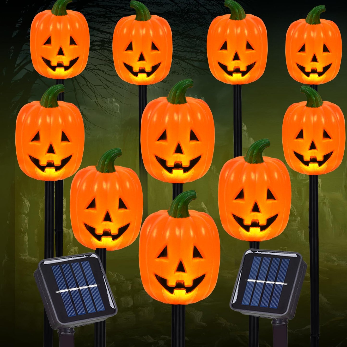 BRIGHTDECK Halloween Pumpkin Stake Lights, Set of 10 Decorative Solar Pumpkin Lights, Waterproof Halloween Decorations for Outdoor Garden and Yard