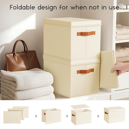 Homsorout Storage Bins with Lids - Large Fabric Closet Bins with Lid, 8 Pack Clothes Organizers and Storage, Collapsible Stackable Cube Basket for Home, Office, Dorm, Beige