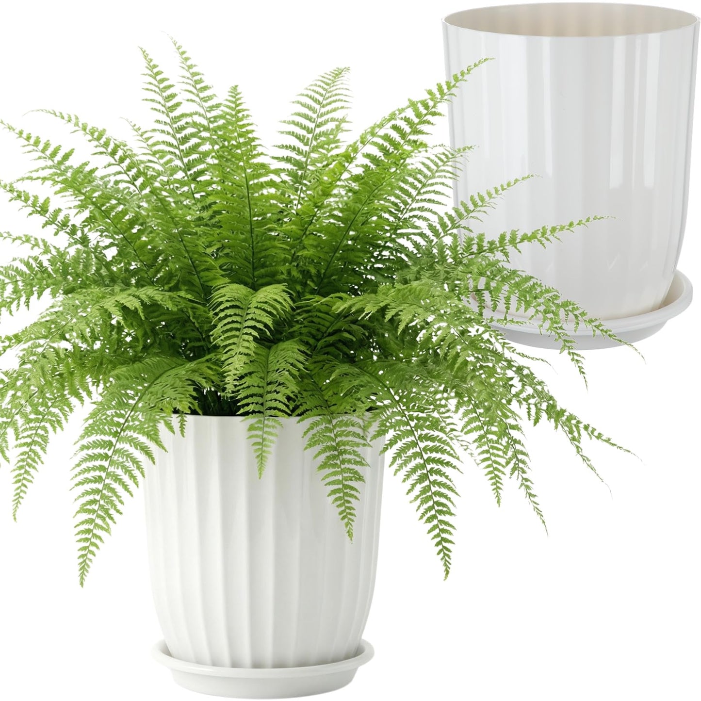 Briwooody 2 Pcs Tall Planter 12.6" Large Round Plastic Plant Pots with Drainage Hole and Tray White Modern Planter for Indoor Outdoor Plants Home Office Kitchen Bedroom Living Room Porch Patio Decor