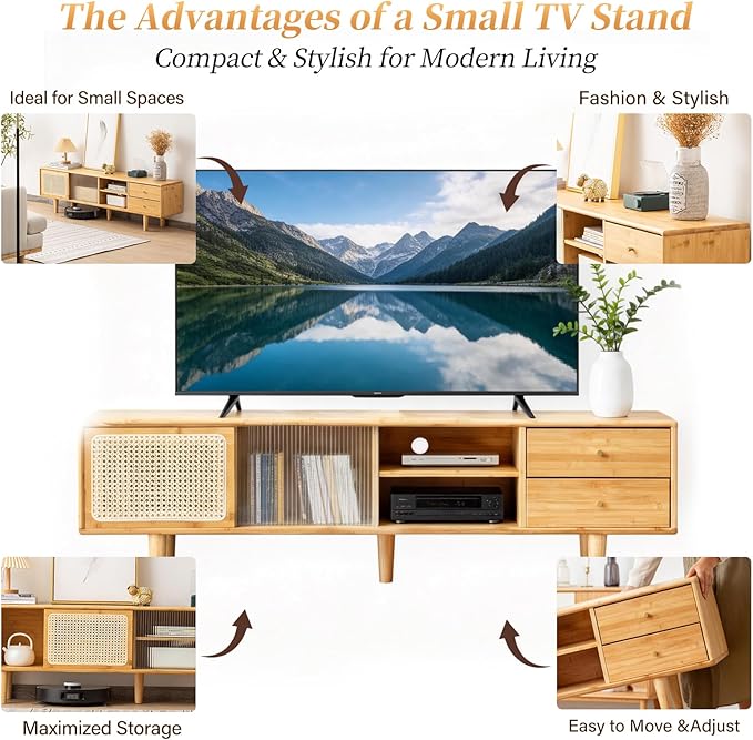 Tiita Rattan TV Stand for 55 60 Inch TV, Bamboo TV Cabinet