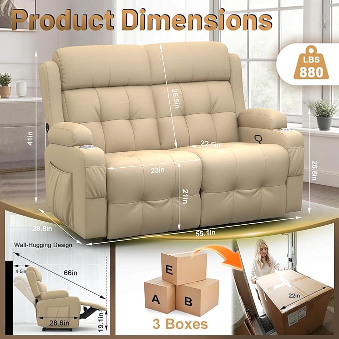 Reclining Loveseat with Pebble Texture Fabric, Loveseat Recliner with USB/Type