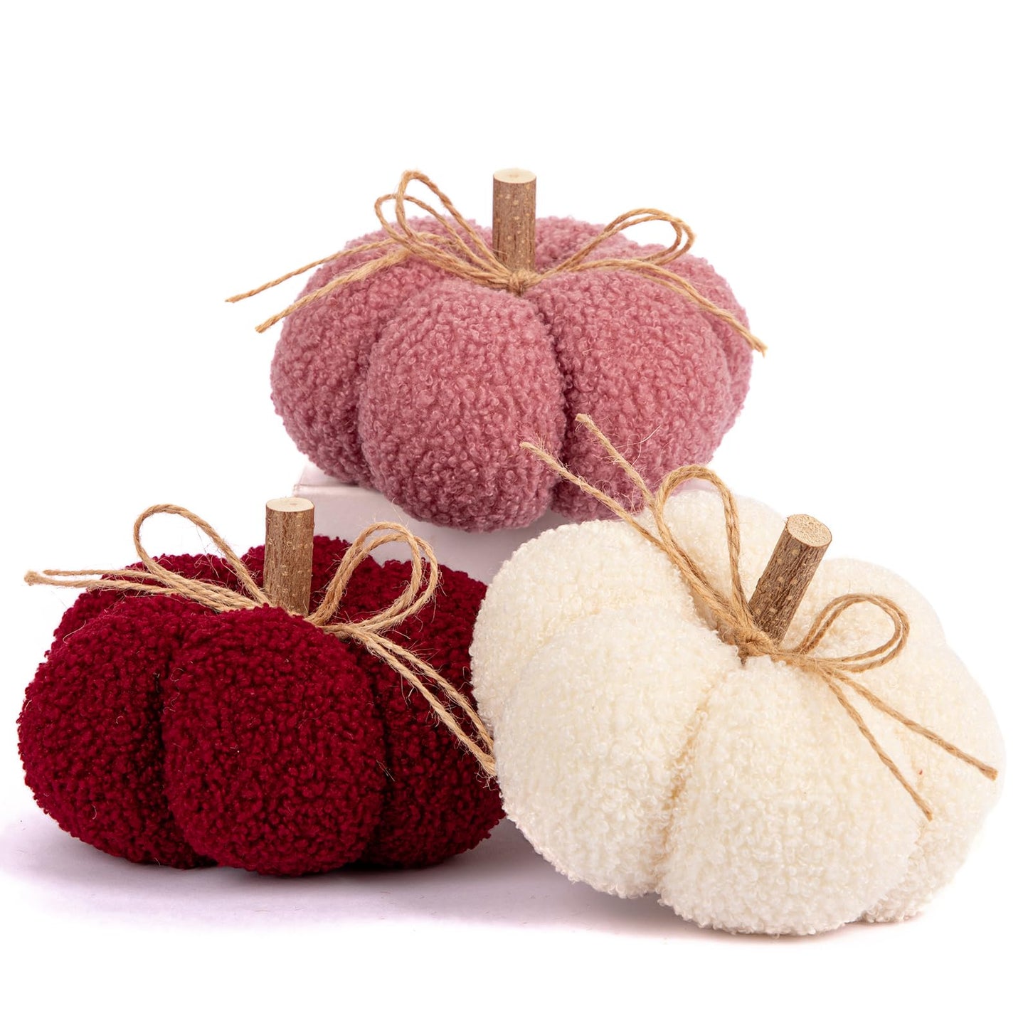 6" Fake Fall Pumpkin Decorations for Home, 3 Pcs Artificial Big Fabric Pumpkins Autumn Decor Faux Pumpkins for decorating, Fall Table Centerpiece Harvest Decor, Halloween Thanksgiving, Burgundy & Pink