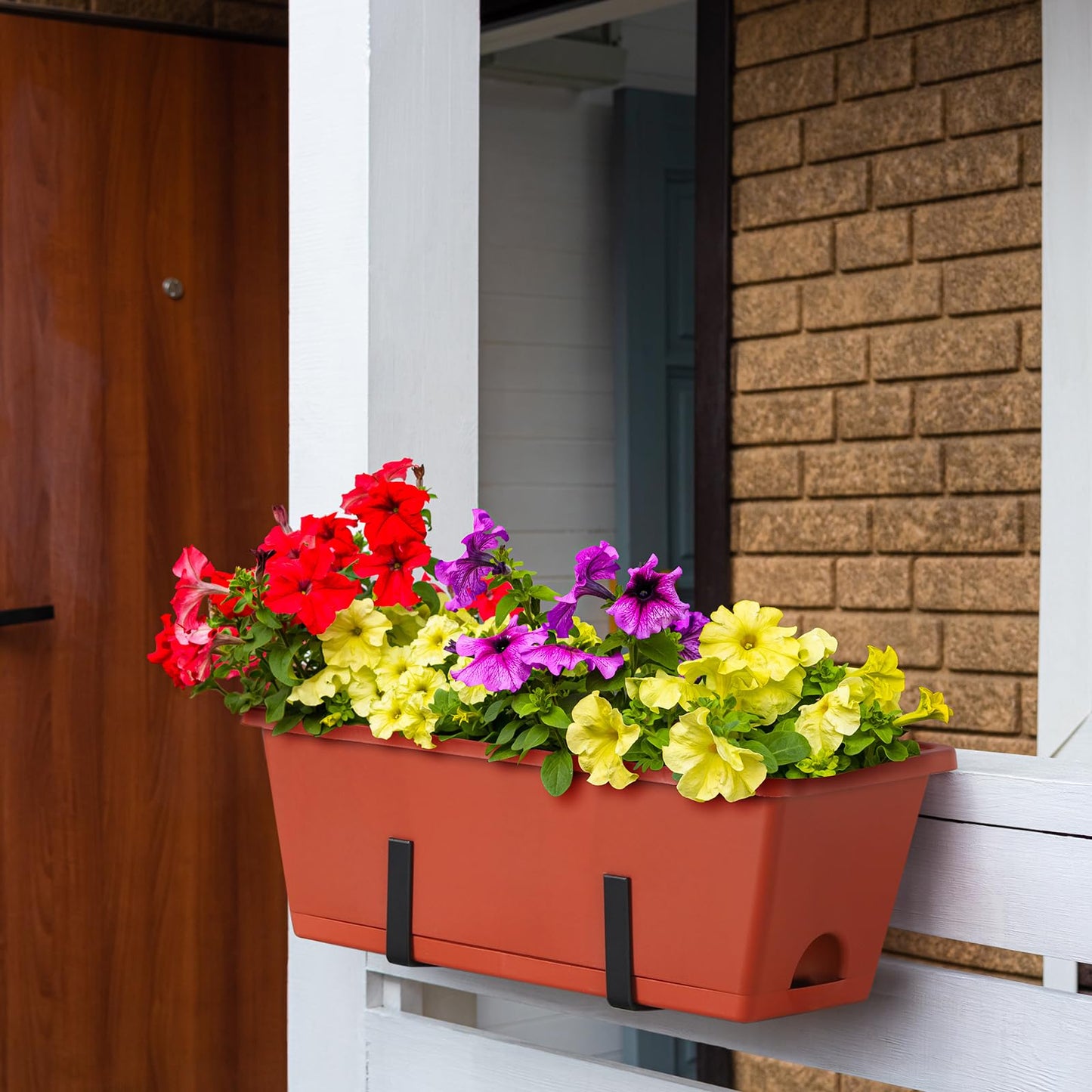 Window Boxes Planters 17’’ Railing Planter Box with Adjustable Brackets, 4 Pack Hanging Deck Railing Planters Rectangular Flower Pots for Outdoor Patio Balcony Fence