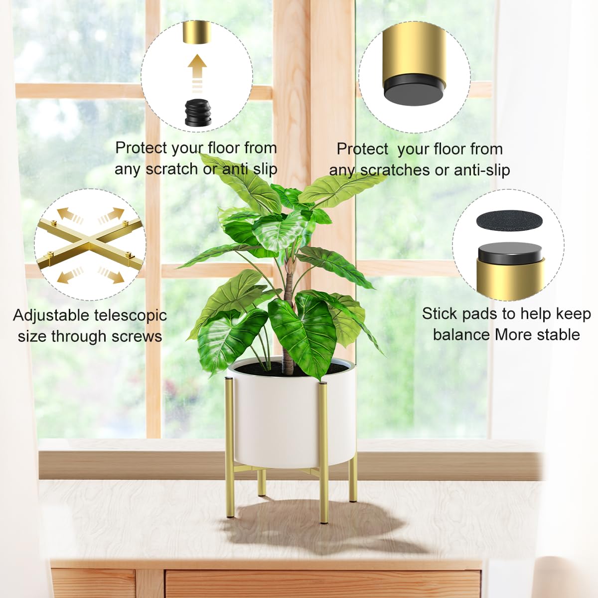 H HOMEXIN Metal Plant Stands for Indoor Plants Adjustable for 8 9 10 11 12 inches Planter Mid Century Stable Stylish Corner Plant Stand for Outdoor, Gold 1Pack, Pot not Included