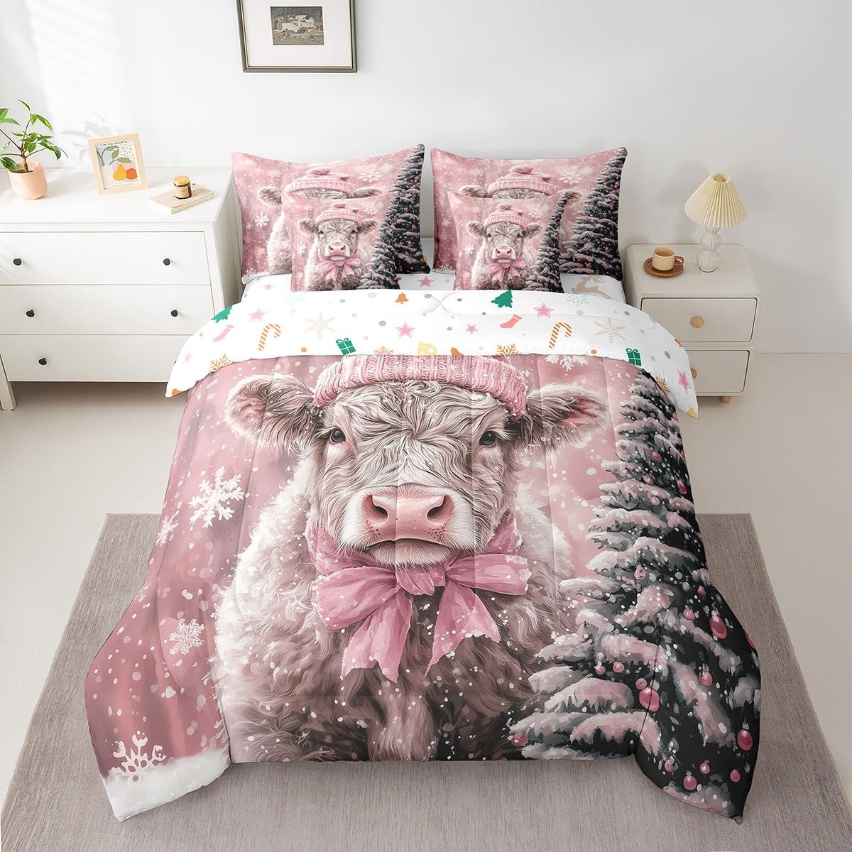 Manfei Xmas Highland Cow 7 Pieces Comforter Set Full,Cute Animal Christmas Tree Bedding Set for Bedroom Decor,Pink Hat Bownot（Comforter+Fitted+Flat Sheet+2 Pillowcases+2 Throw Pillow Covers）