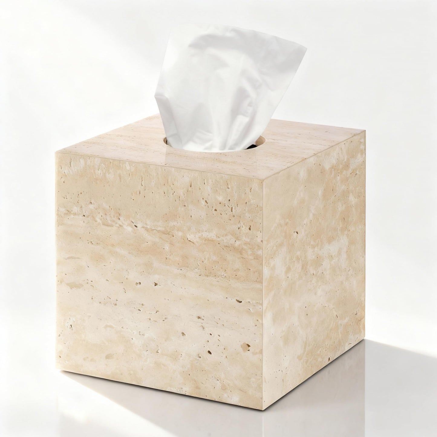 N NANSHOP Natural Travertine Marble Tissue Box Holder Cover, Square Cube Tissue Box Holder with Open Bottom for Bathroom Vanity Tops, Bedroom Dressers, Kitchen Countertop, Travertine Beige(NS022)