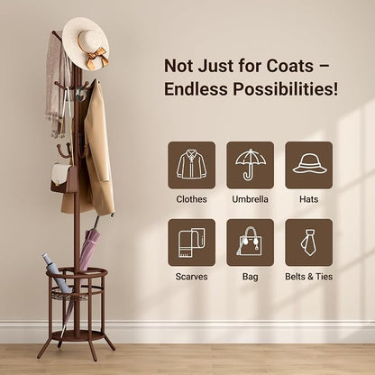 ELYKEN Coat Rack Freestanding, Metal Coat Rack Stand with Umbrella Holder, Modern Coat Tree with 12 Hooks, Floor Standing Corner Hall Tree for Entryway Living Room Bedroom Office, Brown