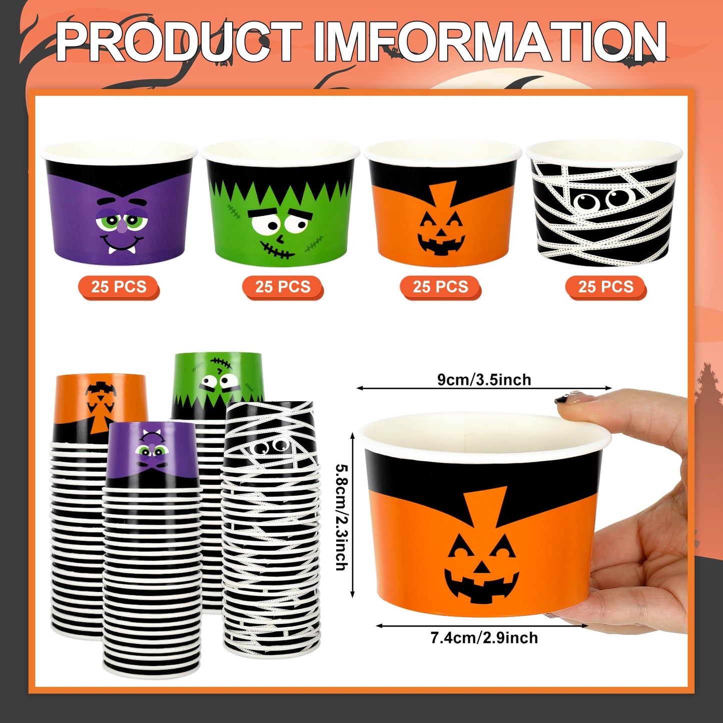 AnyDesign Halloween Treat Cups 100 Pcs 6.5 oz Disposable Paper Bowls in 4 Styles Pumpkin Mummy Vampire Monster Funny Character Soup Cups for Hot Cold Drinks Party Supplies
