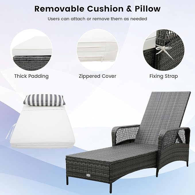 COSTWAY PE Rattan Chaise Lounge Chair, 6 Gear Adjustable Recliner
