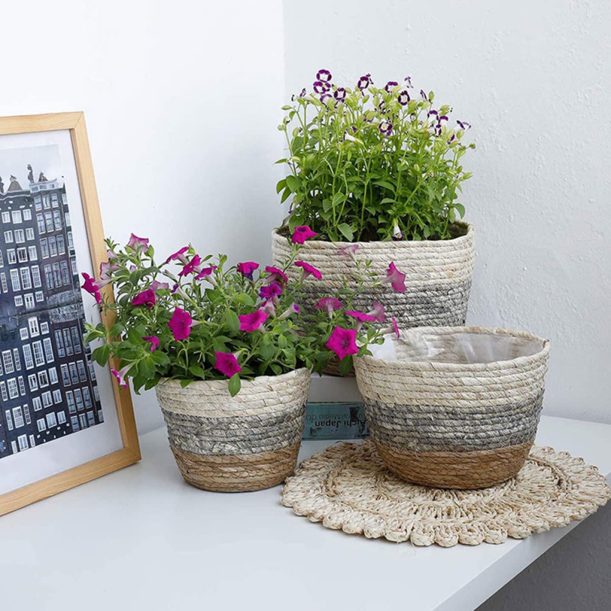 UKCOCO 2Pcs Multi Purpose Woven Flower Seagrass Plant Pots for Decor Delicate Floral Planters for Balcony Garden