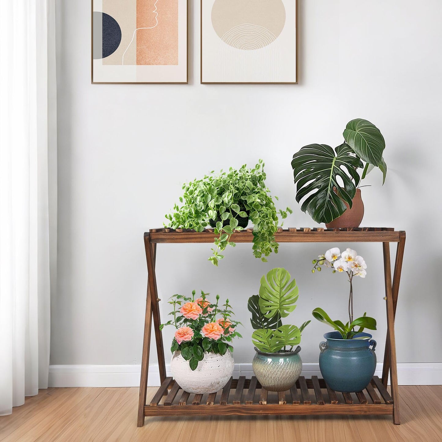 Jotboom Wooden Plant Stand Indoor 2 Tier Narrow Plant Stand Outdoor Plant Shelf Display Rack Corner Flower Rack Stand for Living Room Garden Patio Balcony (X-Cross Design)