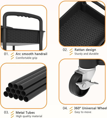 MOYIPIN 4-Tier Plastic Rolling Utility Cart with Handle, Utility Storage Cart for Office, Living Room, Kitchen, Movable Storage Organizer Shelves, Black