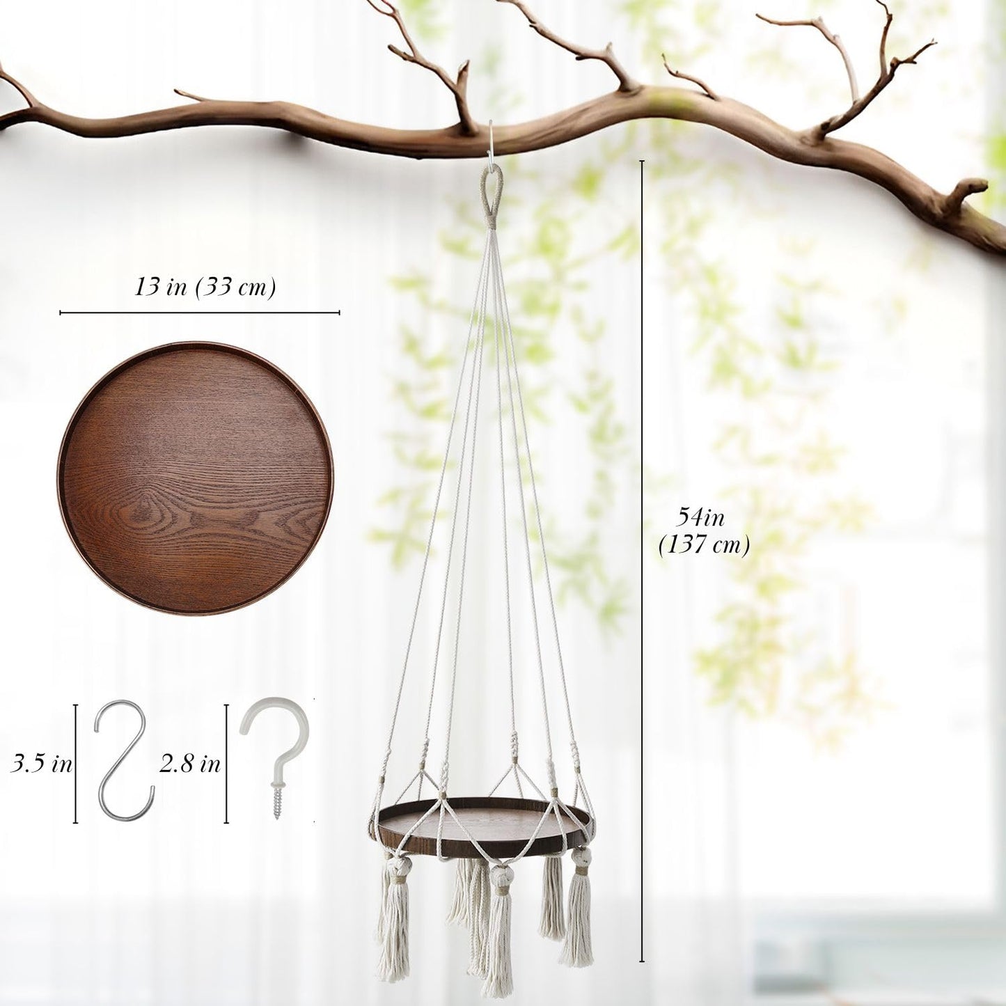 Flexzion Plant Hanger Boho Hanging Plant Shelf Macrame Plant Holder with Wood Flower Pot Shelf, C & S Ceiling Hooks Hand Woven Basket Bohemian Indoor Outdoor Home Decor for Living Room Bedroom, White
